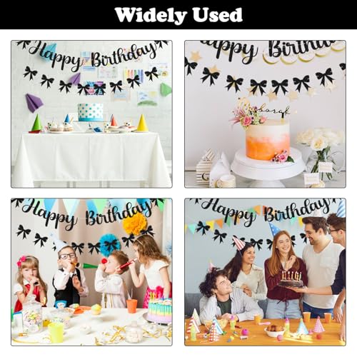 Image of Black Bow Birthday Decorations Happy Birthday Banner Black Bow Bunting Garland Glitter Photo Props Satin Ribbon Hanging Swirls Party Decor for Boys Girls Bachelorette Themed Party Supplies