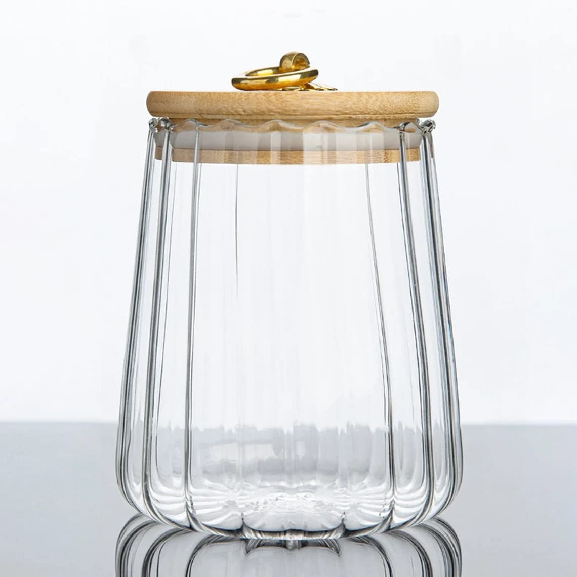 1CHASE Borosilicate Glass Storage Jar With Airtight Bamboo Lid and Metal Handle, Petal Decorative Container, To Store Tea, Coffee Beans, Candy, Spices, Biscuits 600ML (Taper)