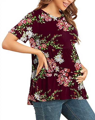 Xpenyo Women Tiered Maternity Top Fashion Short Sleeve Casual Pregnancy Blouse Shirts Wine Floral M #TOP2