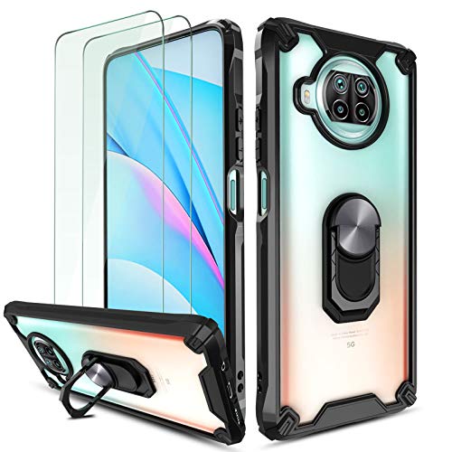 QHOHQ Case voor Xiaomi Mi 10T Lite 5G met 2 Pack Screen Protector, [Gepatenteerd ontwerp] [360° roterende standaard] [militaire kwaliteit anti-valbescherming], transparante harde pc-rug, zachte TPU Edge-zwart