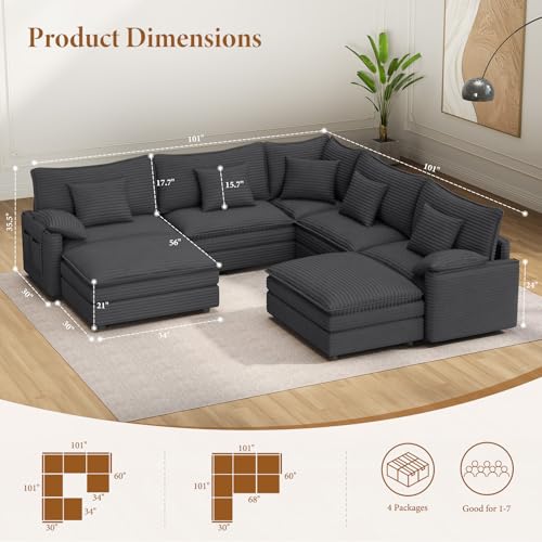 Image of Vesgantti 101 inch V-Shaped Corner Couch Sectional, 7 Seat Customizable Modular Cloud Couches with Movable Ottoman, Corduroy Deep Seat Sofa Set with Chaise for Living Room, Bedroom and Apartment, Gray