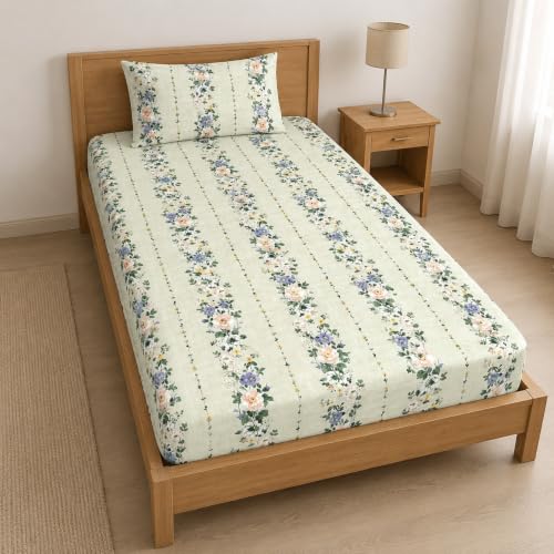 Image of la' amour Single Fitted Bedsheet with 1 Pillow Cover, Soft Breathable Elastic Bed Sheet for Single Bed, Premium Printed Bedsheet with All Around Elastic - 36 x 72 + 6 Inches, Multicolor Accents
