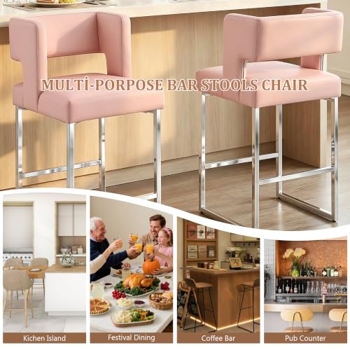 Image of Counter Height Bar Stools Set of 4, Pink Leather Chair Silver Legs | 26 inch Seat Height Fits Standard Kitchen Islands, Upholstered Barstools, Back Support, Square Metal Legs, Footrest