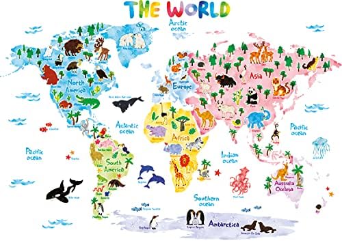 DECOWALL DLT-1615 Animal World Map Kids Wall Stickers Decals Peel and Stick Removable for Nursery Bedroom Living Room art murals decorations decor bathroom baby educational nation