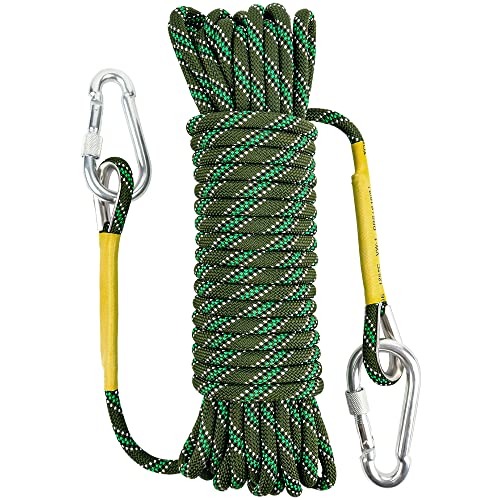 X XBEN Outdoor Climbing Rope, 8MM Green Diameter Static Rock Climbing Rope 10M(32ft) Tree Climbing Rappelling Rope with Hooks, Escape Rope Fire Rescue Parachute Rope