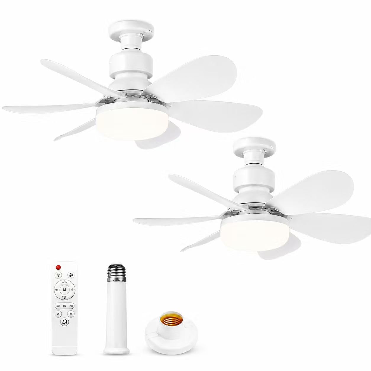 Set di 2 ventilatori da soffitto E27 con luce LED dimmerabile 40 W, telecomando, 3 velocità, 6 pale, silenziosi, bianco 52 cm