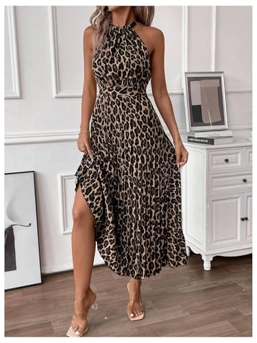 Floerns Women's Cheetah Print Halter Dress Sleeveless Leopard Pleated A Line Maxi Dresses2