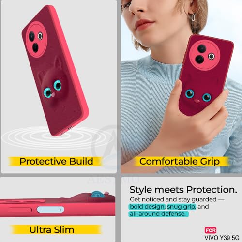 Image of AESTMO Back Case Cover for Vivo Y39 5G Back Cover | 3D Cat Cover | Leather Finish | Full Body Protection | Camera Protection Back Cover for Vivo Y39 5G (Pink