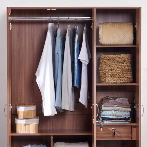 Image of Home Centre | Helios Alton 3-Door Wardrobe with Mirror | Full Length Mirror for Home | Engineered Wood | Walnut | 1 Year Warranty