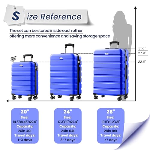 Image of AnyZip Luggage PC ABS Hardside Lightweight Suitcase with 4 Universal Wheels TSA Lock 20 24 28 Inch, Blue, 3 piece set (20 /24 /28), Fashion