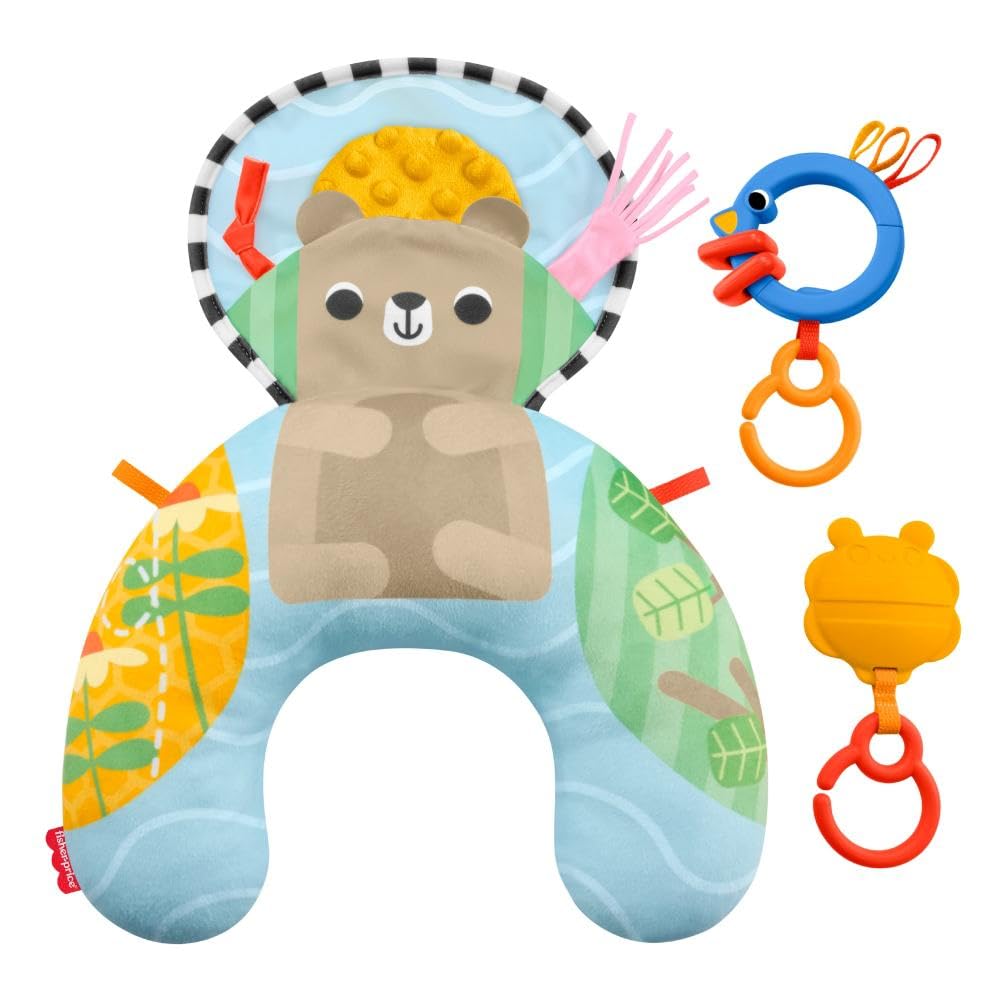 Fisher-Price - Cuscino Orsetto Dolce Relax, Supporto per Neonati a Tema Foresta con dentaruolo e sonaglino Inclusi, attività sensoriali per Il Gioco sul pancino, 0+ Mesi, JHB44