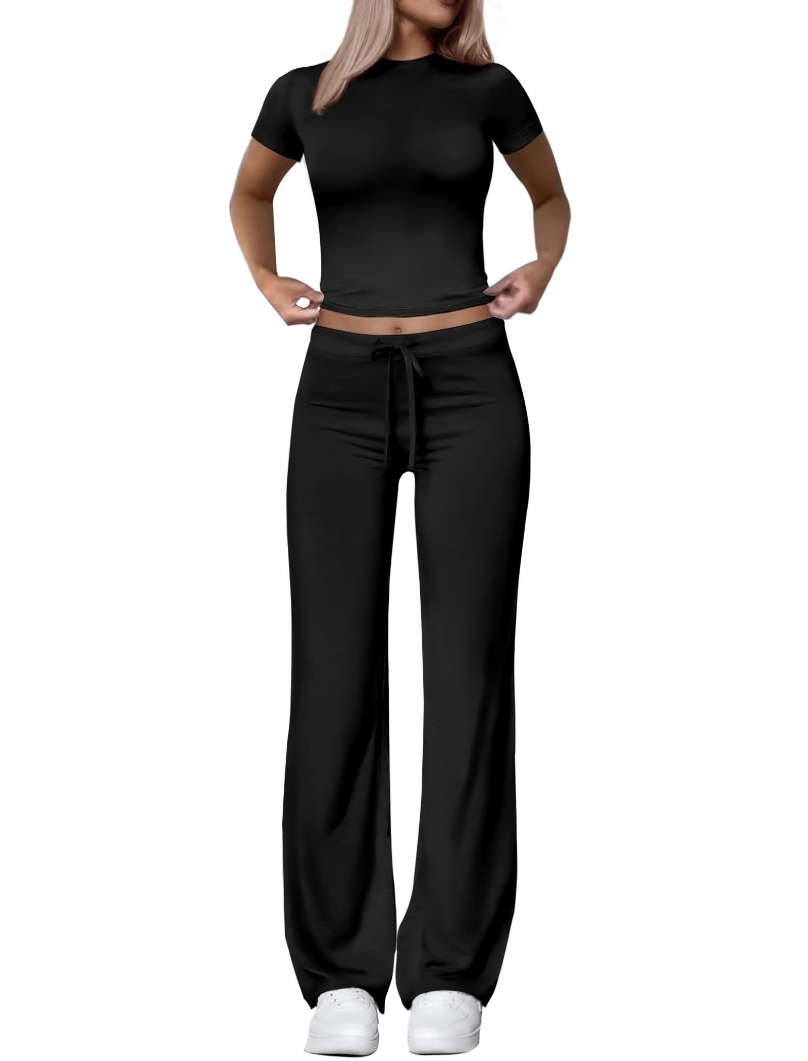 COPYLEAF Two Piece Lounge Sets for Women Wide Leg Pants Short Sleeve Crop Tops Y2k Matching Sets Travel Outfits