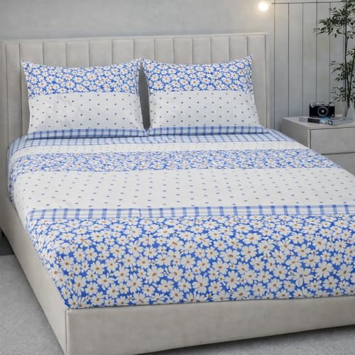Image of 350 TC Premium Heavy Cotton Feel Elastic Fitted Bedsheet Queen Size with 2 Pillow Covers || Double Bed with All Around Elastic (White Lily, Fitted - Double72x72)