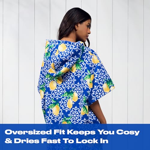 OHS Adult Changing Robe Hooded Towel, Soft Absorbent Lemon Tile Print Beach Towel Poncho for Travel Pool Quick Dry Lightweight Oversized Swimming Towels for Women, Blue/White - Image 6