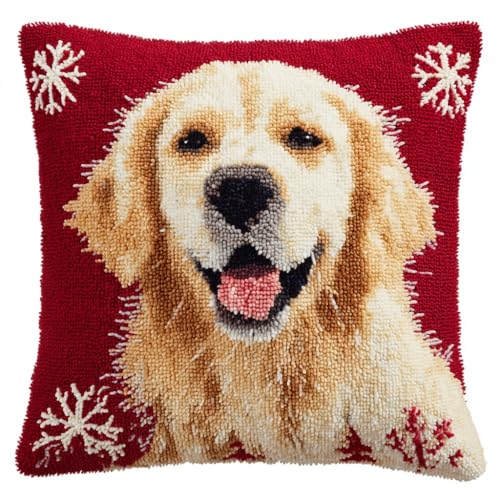 Latch Hook Kit Pillow Christmas Golden Retriever Dog with Pre-Printed
