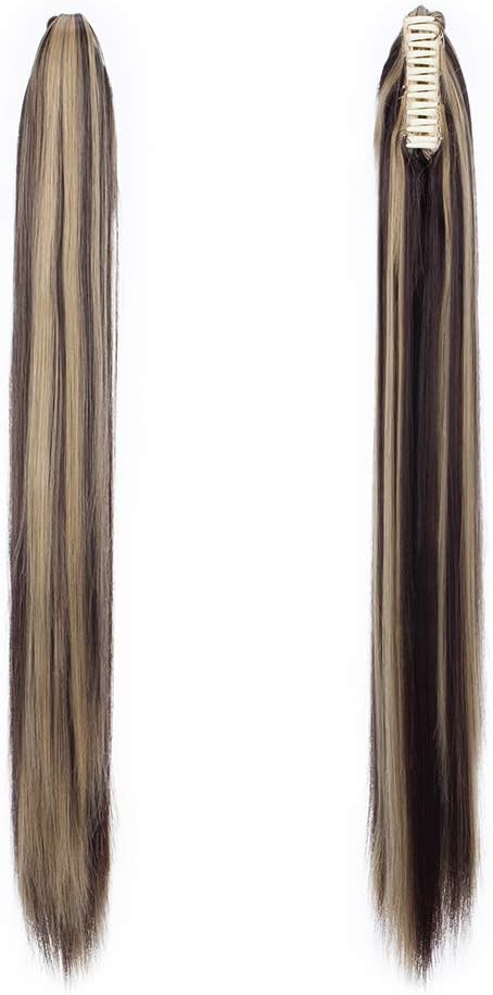 26" Long Claw Ponytail Hair Extension Clip in on Ponytail with a Jaw Claw Ombre Synthetic Hair Natural Straight Cute Hairpiece Dark Brown mix Ash Blonde - Image 3