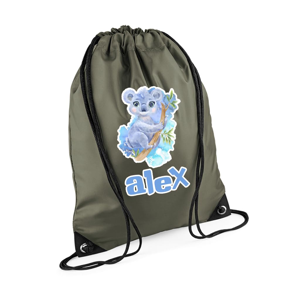 Getagift Personalized Cute Watercolour Koala Drawstring Bag for Kids, Back to School, Waterproof Sports Backpack, PE Kit Bag, Gym and Swimming Bag, Sport Rucksack. (Olive Green)