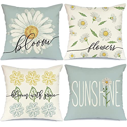 Spring Summer Pillow Covers 18X18 Set Of 4 Farmhouse Summer Spring Decor Daisy Bloom Floral Blue Spring Pillows Decorative Throw Pillows Spring Decorations A547-18 #TOP4