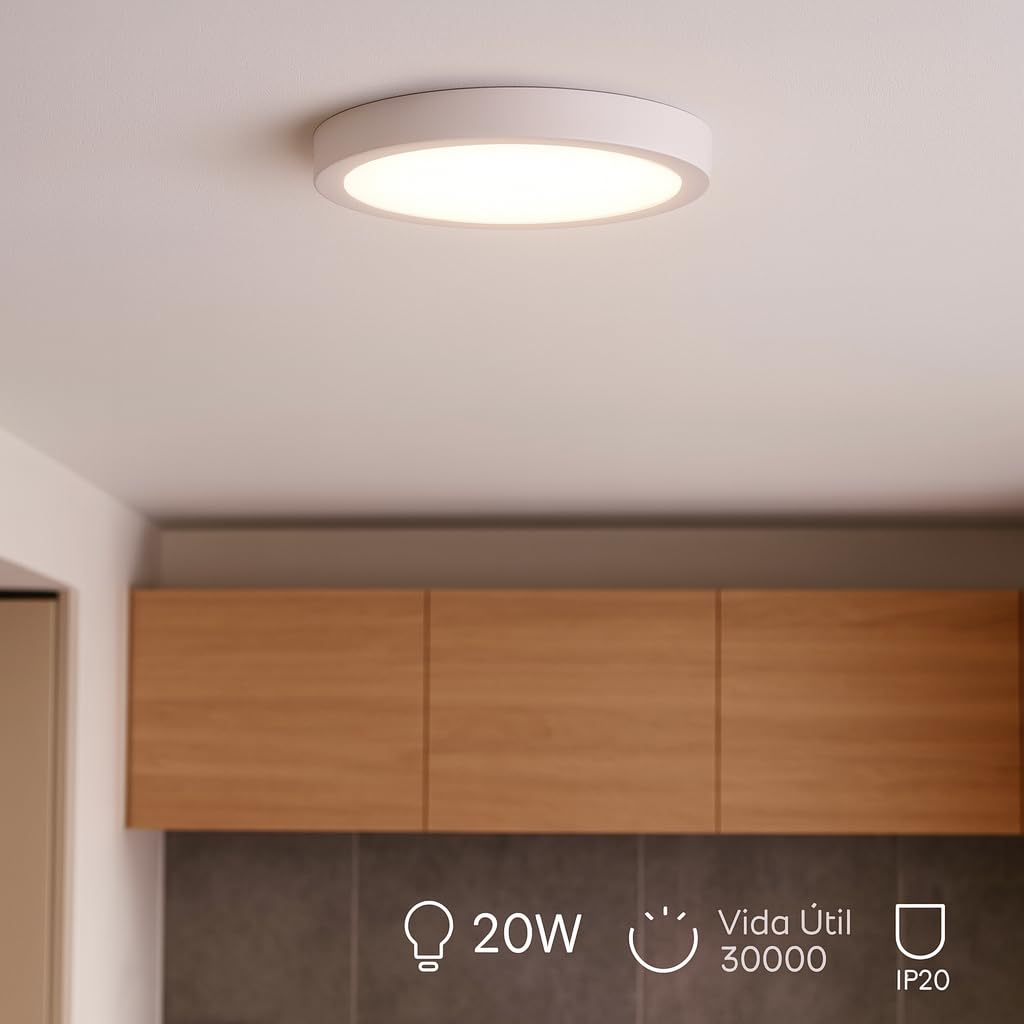 M Ledme - Panel de Superficie Serie Slim 20W, 2000lm, Luz fría (6000k). Lámpara de techo de interiores IP20. Ideal para Baño, Cocina, Dormitorio. Fácil de instalar, LM5243.