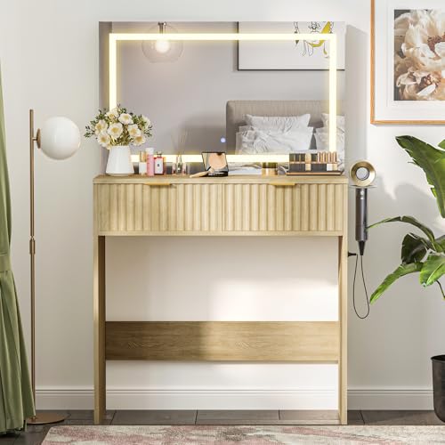 Fluted Makeup Vanity Desk with LED Mirror Lights, 3 Color Settings, 2 Storage Drawers, Power Outlet & USB Ports, Hair Dryer Holder, Modern Light Wood