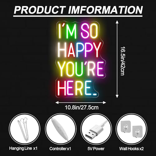 Image of I'm So Happy You're Here Neon Sign Positive Affirmation LED Sign | USB Powered Dimmable Neon Light for Bedroom Classroom Backdrop Decor Aesthetic 16.5 inchx10.8 inch