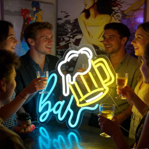 Image of Beer Bar Neon Sign, LED beer Light Up Bar Sign for Home party& pub Bar Decor, 5-Level Dimmable Funny Bar Signs for Man Cave, Business Neon Open Signs for Bars & Wall(14.8 inch*12.2 inch)