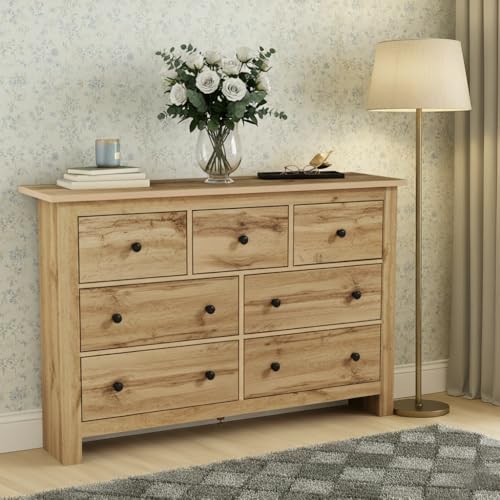 AilZylphera Cómoda de Madera con 7 cajones, 152cm de Ancho Comoda cajonera aparador para salón, Comedor, Dormitorio y salón (Color Madera-A)
