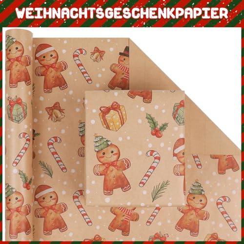 WRAP STORM Weihnachtsgeschenkpapier mit Lebkuchenmotiv – 1 Rolle 43 cm x 10 m Geschenkpapier mit niedlichen Weihnachtsfiguren – Festliches Design für Weihnachtsgeschenke
