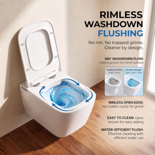 Image of NoveraGlobal Regal Ceramic Wall Hung Western Toilet | Rimless Washdown Flushing | 15-Year Warranty | P-Trap Compatible, 100k Tested Soft Close Seat Cover, 300 KG Load Tested, Anti-Bacterial Commode