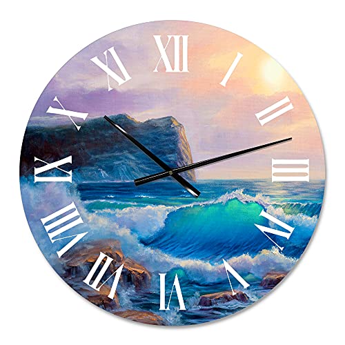 DesignQ Nautical & Coastal Wall Clock 'Blue Waves Breaking at The Beach III' Blue Round Wall Clock for Kitchen Decor CLOCK35179 23x23 - Image 2