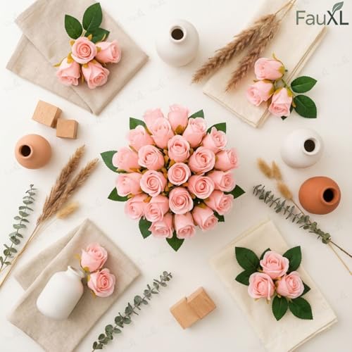 Image of Set of 24 Pcs Artificial Rose Flowers Bunches for Vase - Home Decoration Gift Items for Living Room Corner Table Top Bedroom Wedding (Pot Not Included) - 24 CM (Light Pink)