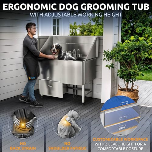 Image of KANIS Professional Dog Washing Station 304 Stainless Steel Pet Wash Sink & Grooming Bathtub w /Shower, Floor Grates and Storage for Large, Medium & Small Pets (Silver, 50 Inches, Right Ramp, 1 Drawer)
