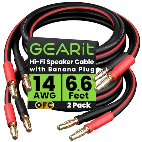 GEARit 14 AWG Speaker Cable Wire with Banana Plugs (2 Pack, 6.6 Feet - 2 Meter) 14Ga Gauge Banana Wire for Bi-Wire Bi-Amp HiFi Surround Sound - 99.9% OFC Copper, Gold Plated Tips - Black, 6 Ft