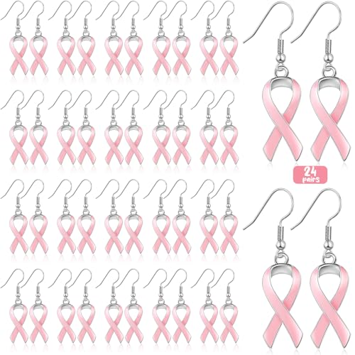 Remuuly 24 Pair Breast Cancer Awareness Earrings Bulk Pink Ribbon Dangle Drop Earrings Breast Cancer Jewelry Breast Cancer Survivor Gift for Women