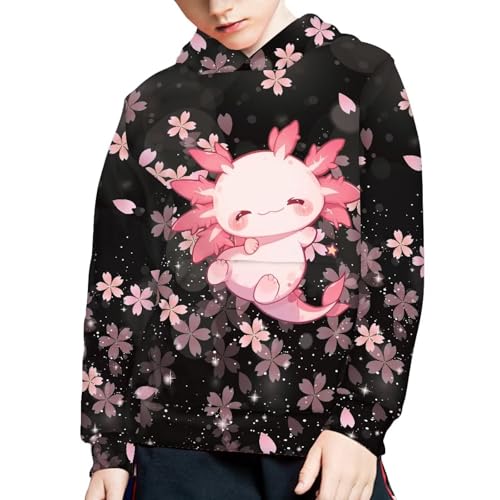 HELLHERO Moletom com capuz infantil para meninas e meninos de 6 a 16 anos, A Cherry Blossoms Axolotl