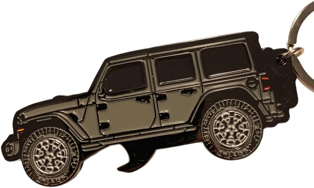 Santi's Caps Metal Enamel Keychain & Bottle Opener for Jeep Wrangler JL – Grey Finish, Heavy-Duty Gift for Jeep Lovers & Accessory Fans