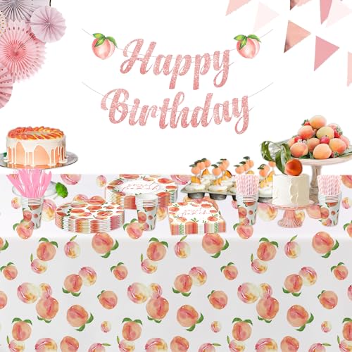 Image of Peach Decorations Supplies Party Tablecloth - Disposable Fruit Sweet As A Peach Theme One Sweet Birthday Decorations Tablecover - 4 Pcs(54in x 108in)