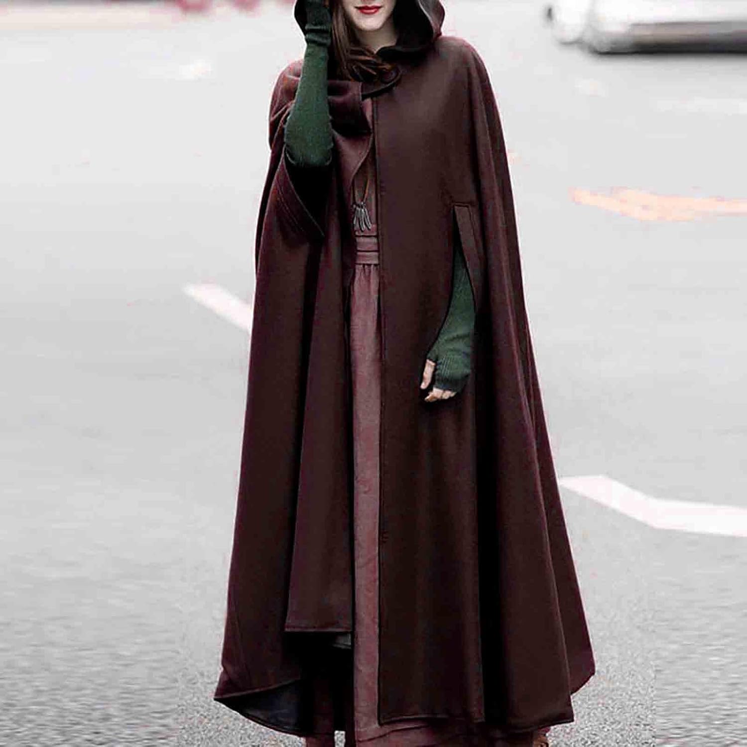 Gothic Hooded Open Front Cardigan for Women Solid Color Long Cape Coat Renaissance Medieval Cloak with Hood