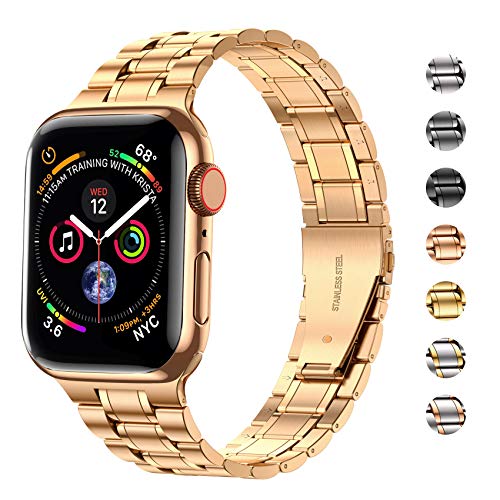 Image of MioHHR Solid Stainless Steel Bands Compatible with Apple Watch 38mm 40mm 41mm, Metal Strap with Soft TPU Case for iWatch Bands Series 9 8 7 6 5 4 3 2 1 SE SE2 SE3 Women and Men, Rose /Gold