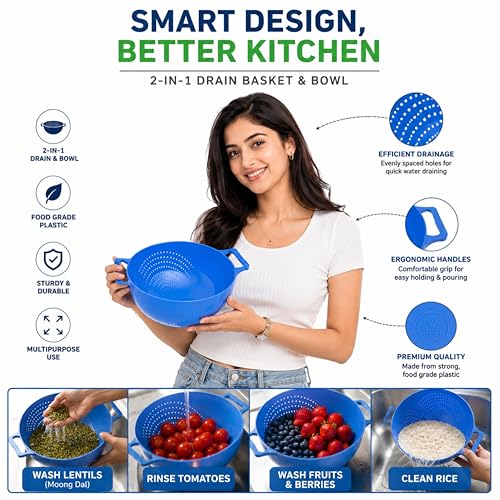 Image of Rice Washer Bowl Kitchen Rinse Bowl with Side Drain Holes | Multiuse Washing Tub for Dal, Noodles, Produce & Grains | Easy Flow Straining Container with Grip Handles | BPA Free Utility Basket