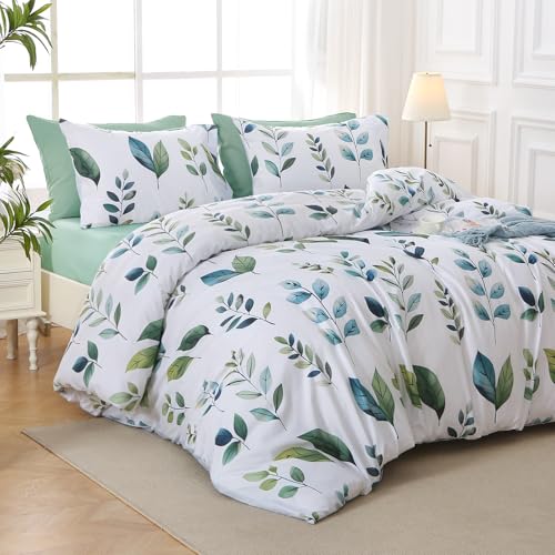 Image of MUXHOMO Grey Green Foliage Full Comforter Set, Elegant Floral Print Bed in a Bag 7 Pieces, Soft & Breathable Reversible Botanical Pattern Bedding Set with Comforter, Sheets, Pillowcases, and Shams