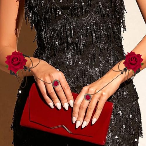 GEMILY Rose Lace Gloves Fingerless Ring Gloves Tea Party Hand Chains Accessories for Women (Rose, one size)