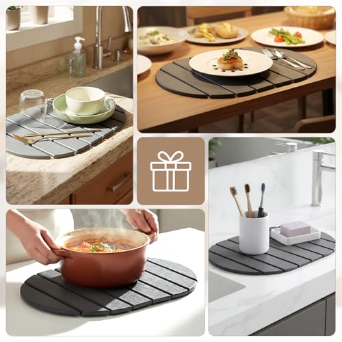 Miniatura 7 de Escurreplatos-Escurreplatos Diatomita Absorción Rápida Y Secado Rápido Alfombrilla Diatomita Piedra Diatomita Y Alfombra Escurridor De Platos Fregadero De Cocina Gris Oscuro, Ovalado