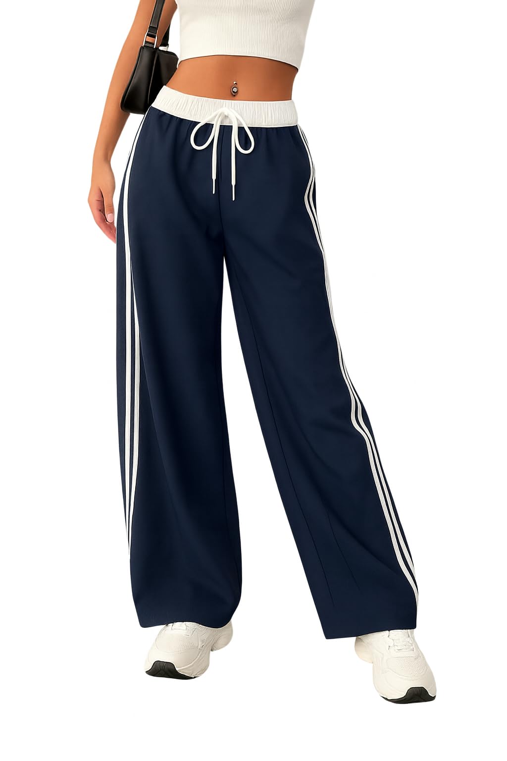 Women Track Pant | Women's Wide Leg Track Pants High Waist Drawstring Sweatpants with Side Stripes, Casual Loose Fit Lounge Joggers, White