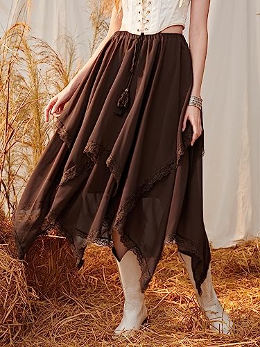 Verdusa Women's Y2k Goth Skirts Western Boho Lace Trim Asymmetrical Country Flowy Long Skirt4