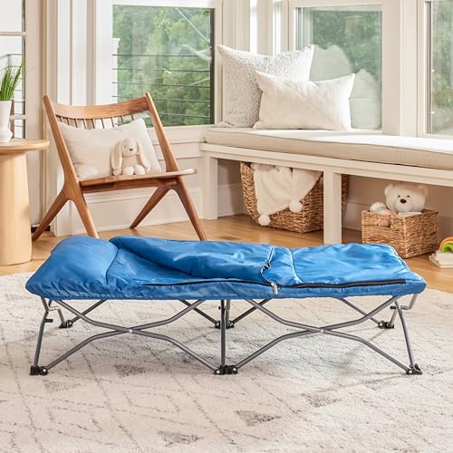 Image of Regalo My Cot Deluxe Portable Toddler Bed, Indoor /Outdoor Kids Nap Cot with Sleeping Bag & Pillow, Lightweight Folding Travel Design for Home, Daycare, Camping & Sleepovers, Ages 2-5
