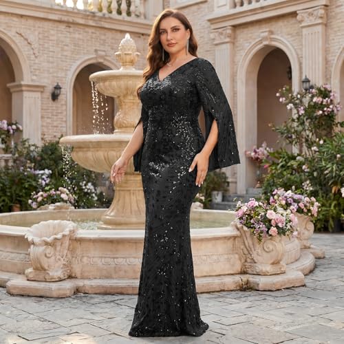 Image of Plus Size Formal Dresses for Women with Embroidery Sequin and Cape Sleeve, V-Neck Maxi Dress for Wedding and Party