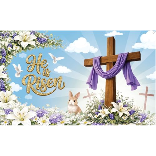 Image of KatchOn, Large Happy Easter Banner - 72x44 Inch | He is Risen Backdrop for Easter Decorations, Christian Easter Decorations | Easter Photo Backdrop, He Is Risen Decor, Jesus Spring Party Decoration