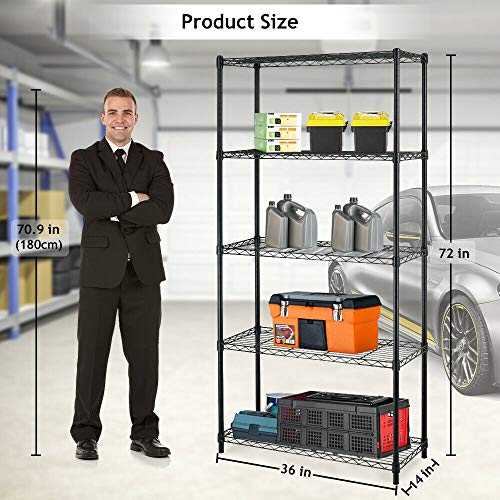 Image of BestOffice | 5-Tier Wire Storage Shelves | 36x14x72 | Black | with Adjustable Racks | Heavy-Duty Metal Shelf, Holds Upto 1000 lbs | No-Tool Assembly | Ideal for Home & Garage Shelving