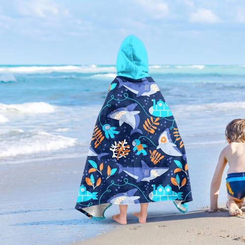 Image of Shark Boys Beach Towel with Hoodie for Kids Toddlers Age 4-8,Shark Blue Bath Towels Shower Wrap for Boys, Hooded Poncho Beach Blanket for Pool Swimming Cute Wearable Bath Towel for Child